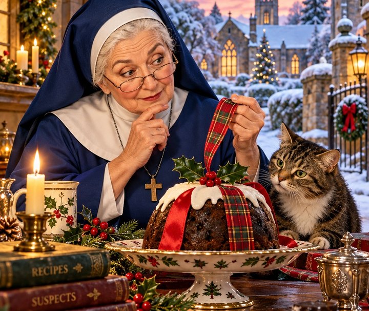 Sister Agatha tying a tartan ribbon on a Christmas pudding while a tabby cat watches, with the snowy abbey behind her