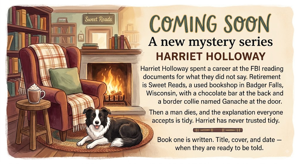 A cozy bookshop corner with an armchair and Ganache the border collie